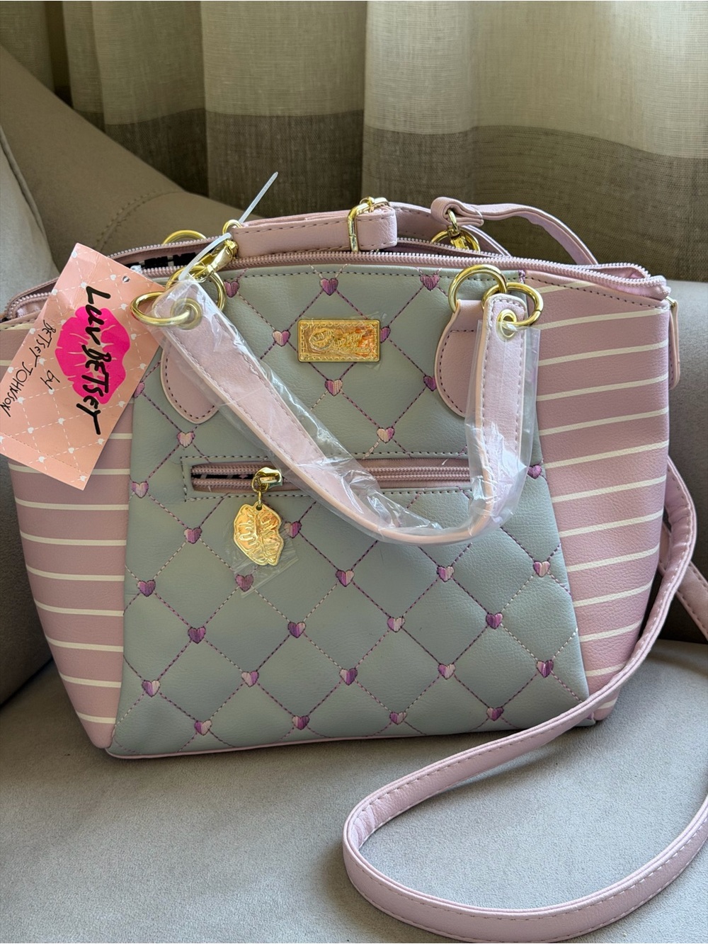 Luv Betsey, by Betsey Johnson Quilted Heart Accent Pink and Gray Satchel